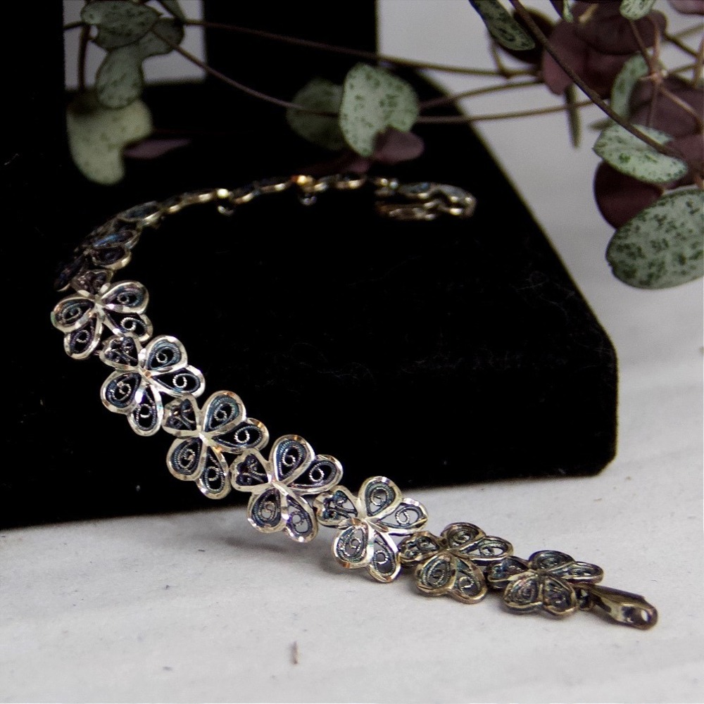 Sterling Silver 925 Filigree Shamrock Clover Link Bracelet New In Box 7.25in
